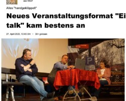 The report on the new talk show in the Eitorfer Theater “EiTalk” from April 22nd, 2022, in which I was a surprise guest, appeared in the Rhenish advertising papers.
